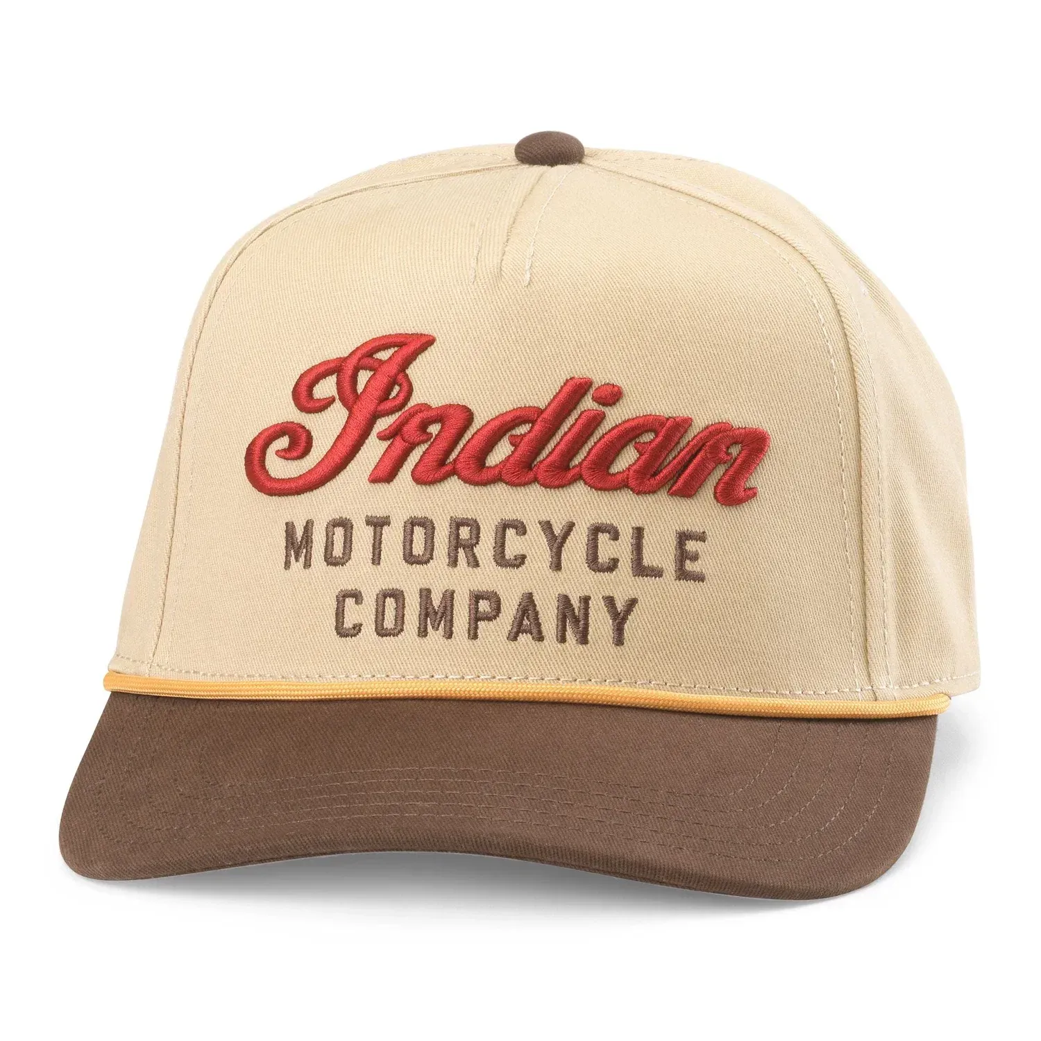 Front view of khaki and brown Indian Motorcycle Scottie hat with lofted embroidery and paracord rope.