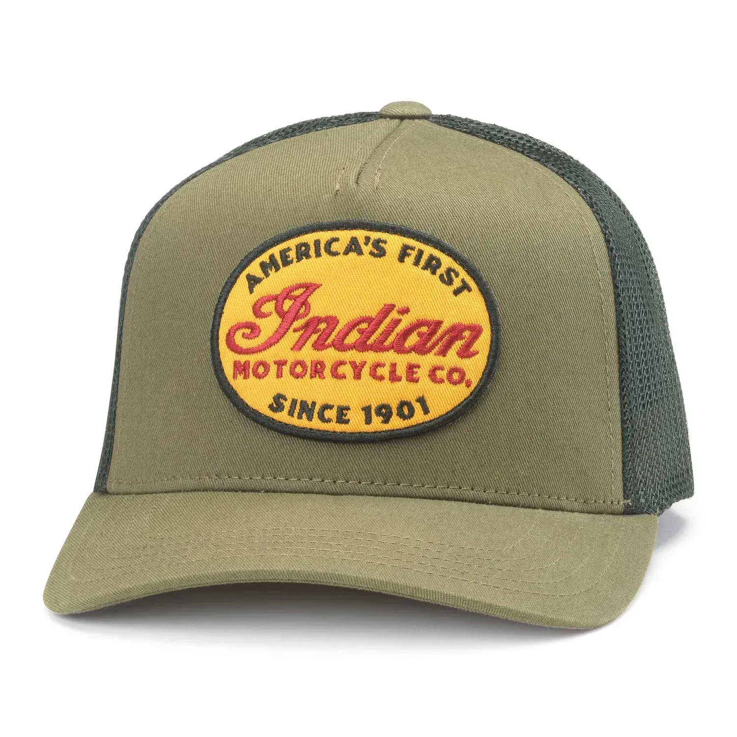 Front view of black and olive Indian Motorcycle Roscoe trucker hat with embroidered heritage logo patch.