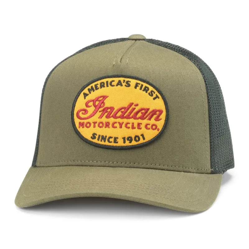 Front view of black and olive Indian Motorcycle Roscoe trucker hat with embroidered heritage logo patch.