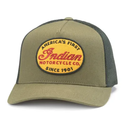 Front view of black and olive Indian Motorcycle Roscoe trucker hat with embroidered heritage logo patch.