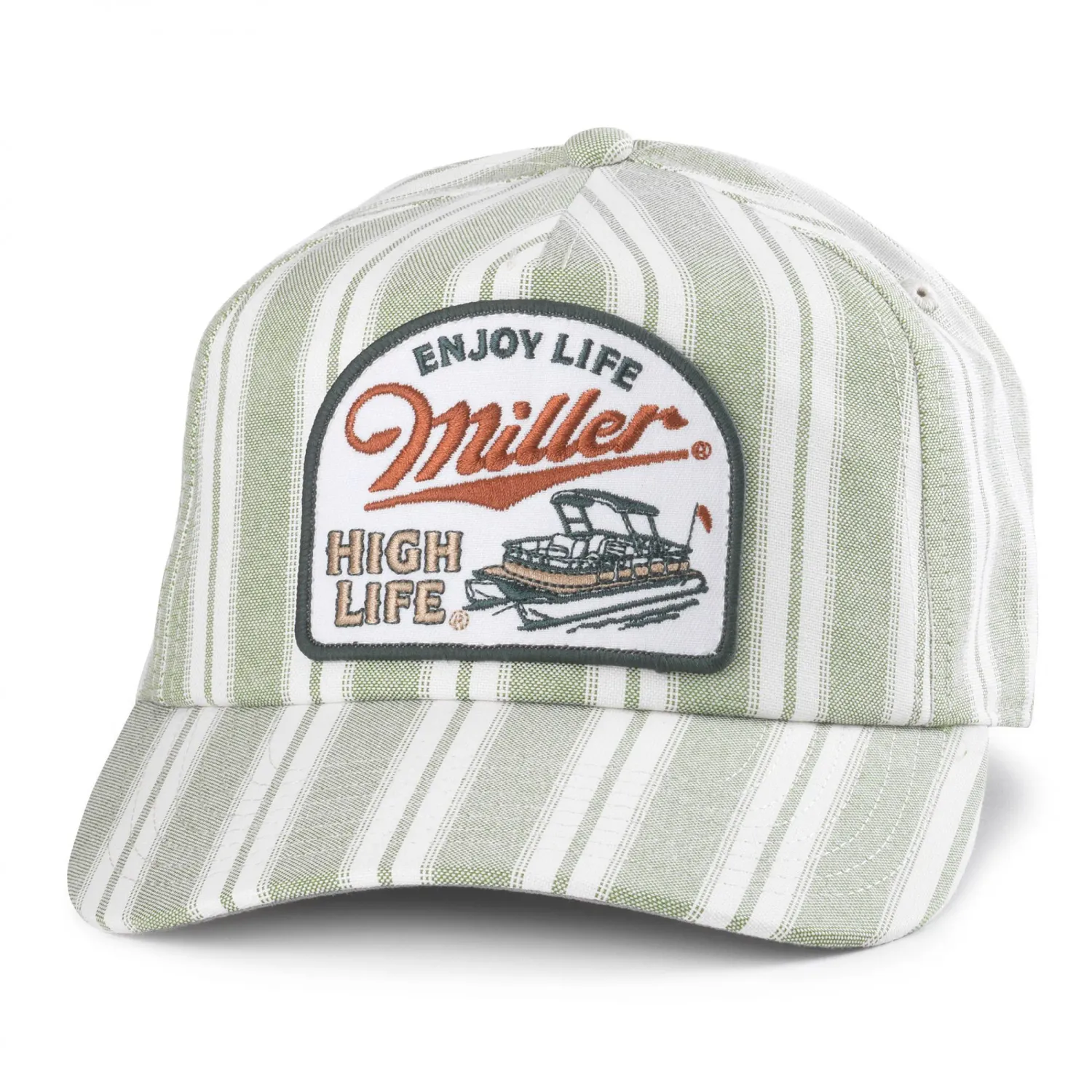 Front view of Miller High Life Beach House hat with striped design and embroidered pontoon boat logo patch.