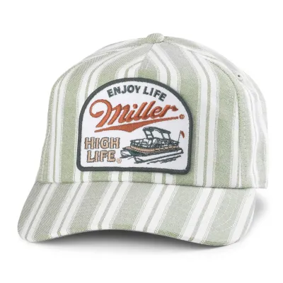 Front view of Miller High Life Beach House hat with striped design and embroidered pontoon boat logo patch.