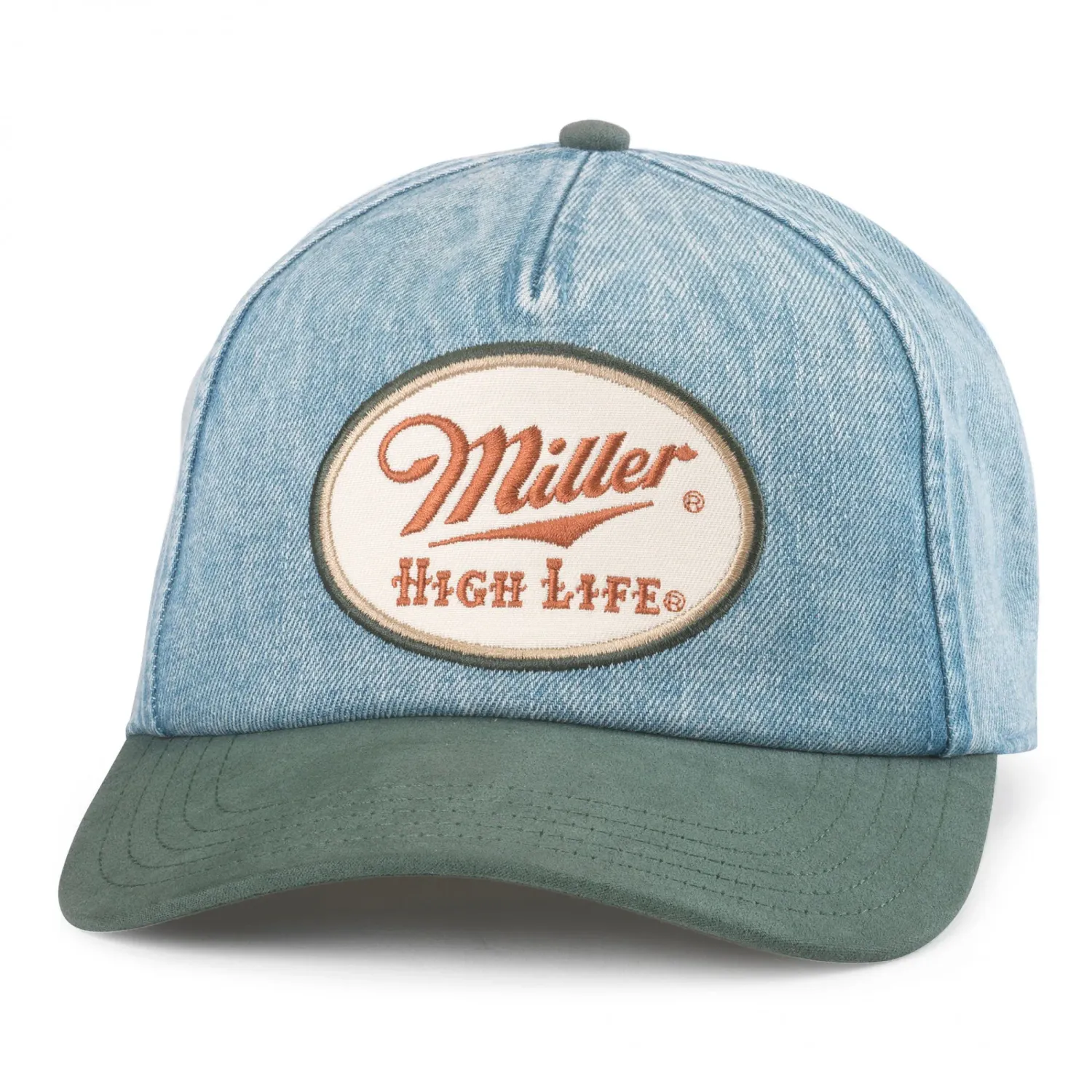 Front view of Miller High Life Fulton hat with medium denim crown, embroidered logo patch and green curved visor.
