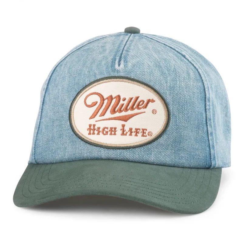 Front view of Miller High Life Fulton hat with medium denim crown, embroidered logo patch and green curved visor.
