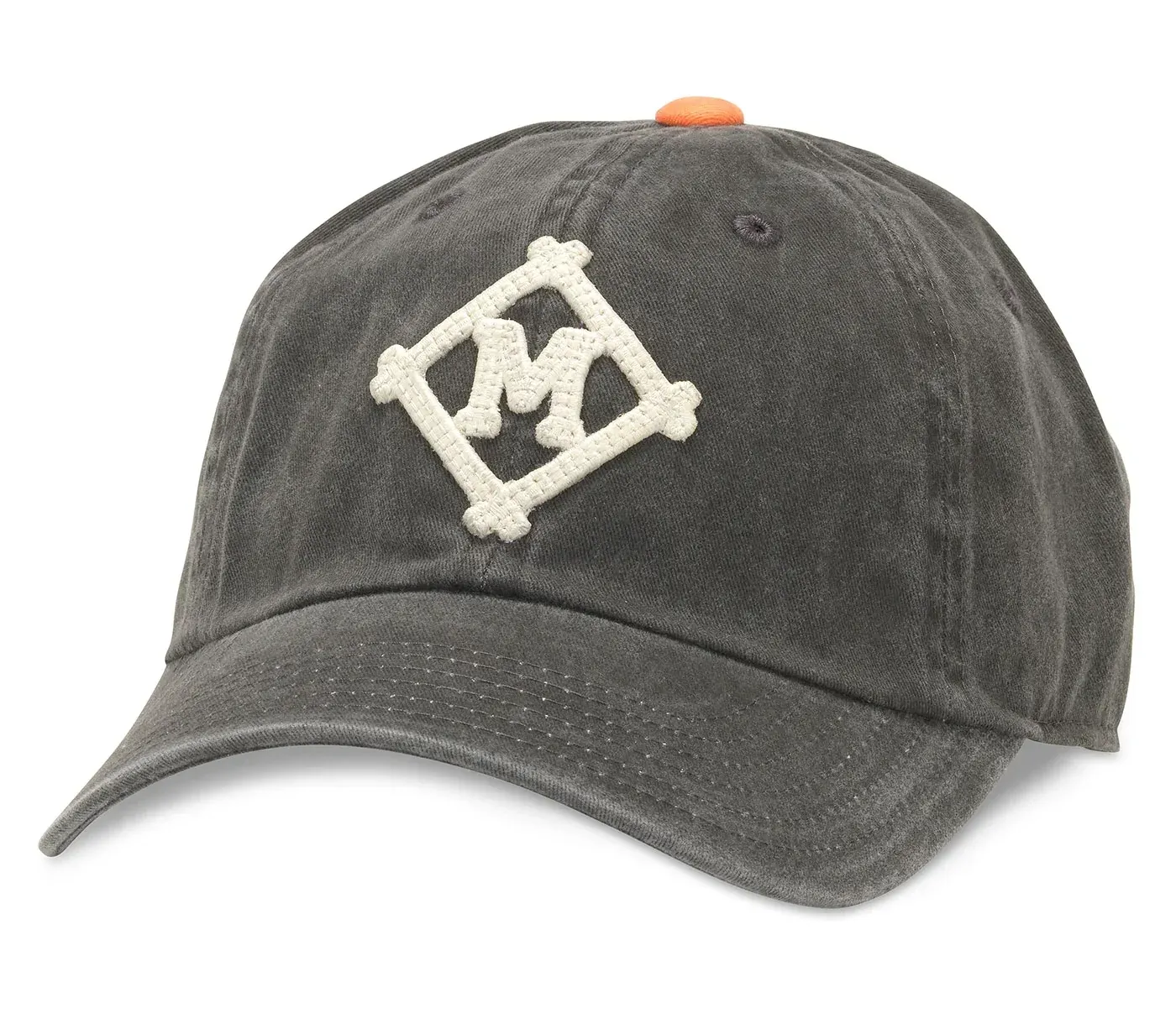 Front view of washed black Minneapolis Millers Archive hat with cream logo embroidery and orange top button.