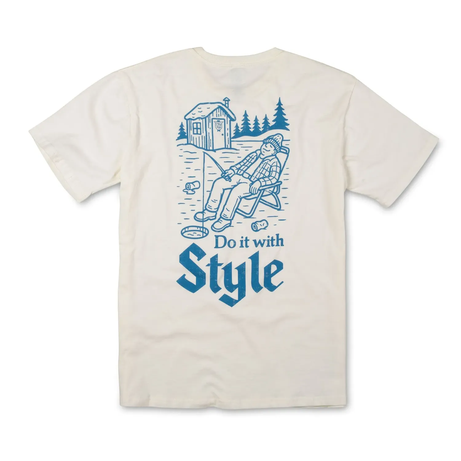 Back view of natural Old Style tee with a blue ice-fishing illustration and “Do It With Style” graphic.