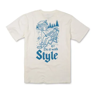 Back view of natural Old Style tee with a blue ice-fishing illustration and “Do It With Style” graphic.