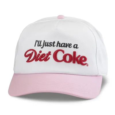 Front view of white Diet Coke Roscoe hat with embroidered slogan, red logo and contrasting pink curved visor.