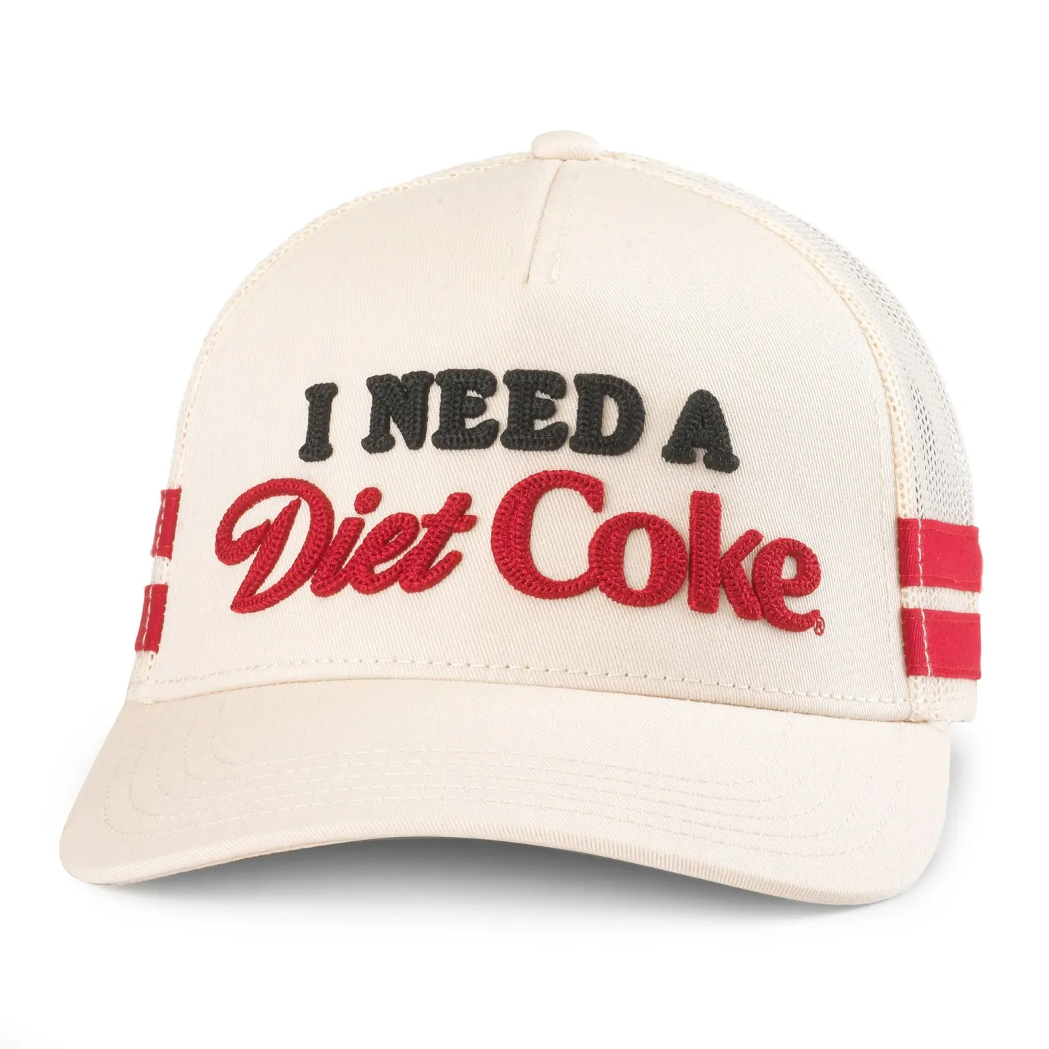 Front view of ivory Diet Coke Valin Stripe trucker hat with textured black and red slogan embroidery.