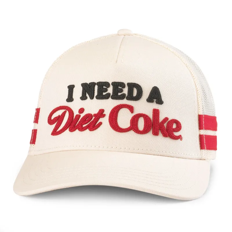 Front view of ivory Diet Coke Valin Stripe trucker hat with textured black and red slogan embroidery.