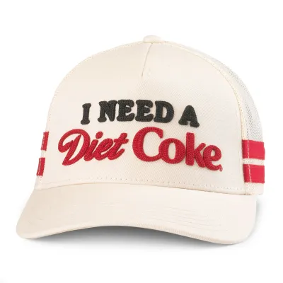 Front view of ivory Diet Coke Valin Stripe trucker hat with textured black and red slogan embroidery.