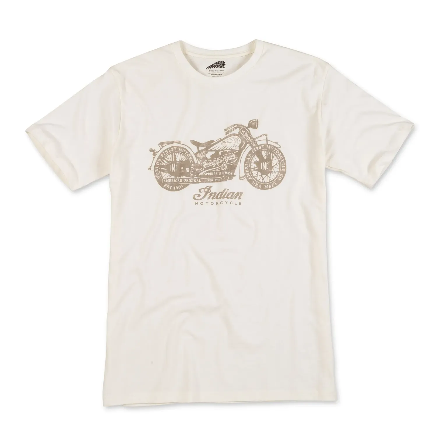 Front view of natural Indian Motorcycle Red Label Tee with a distressed vintage motorcycle graphic at center chest.