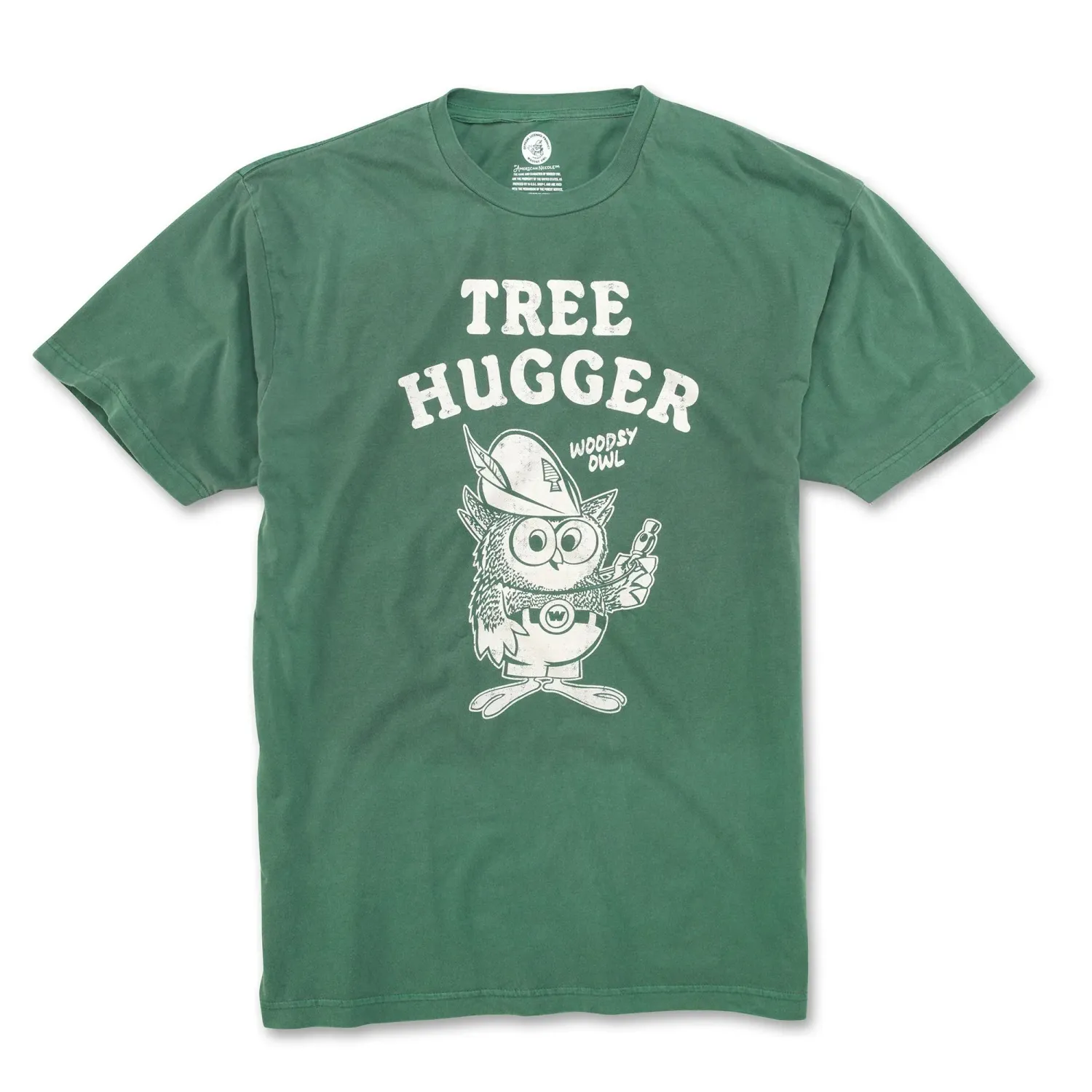 Green American Needle Woodsy Owl tee with distressed white Tree Hugger character graphic on the front.