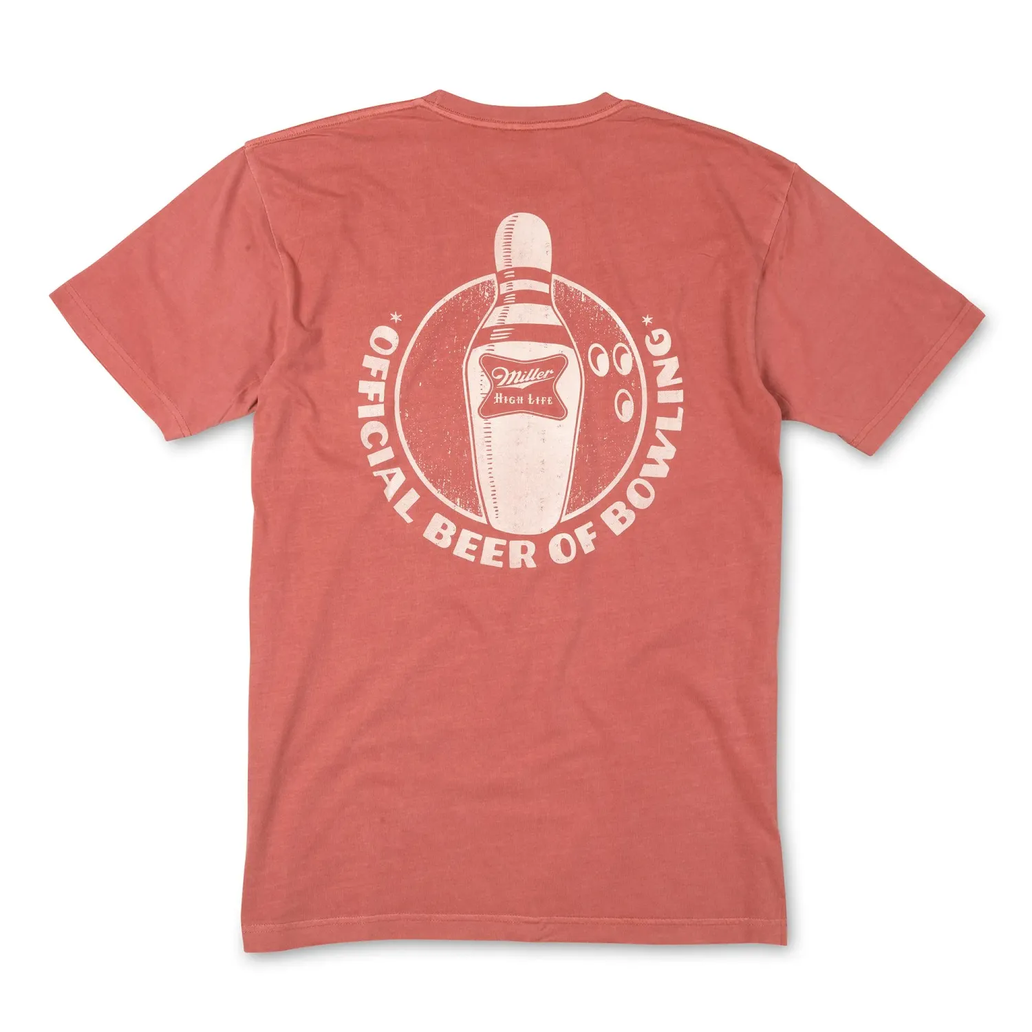 Back of red Miller High Life tee with a distressed bowling pin and Official Beer of Bowling circular graphic.