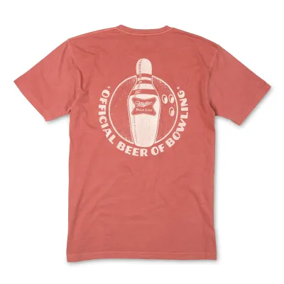 Back of red Miller High Life tee with a distressed bowling pin and Official Beer of Bowling circular graphic.