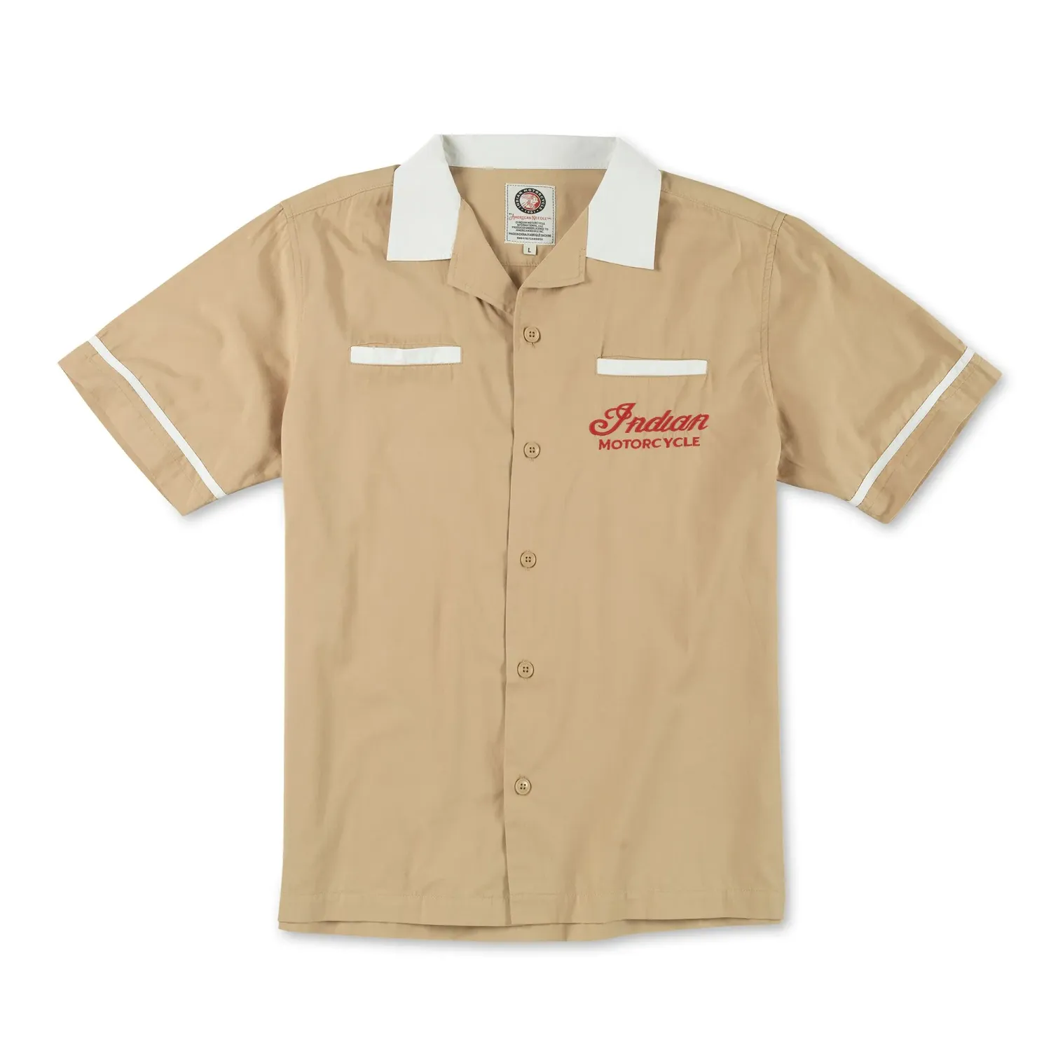 Front of sand Indian Motorcycle Lebowski shirt with ivory collar, two chest pockets and red embroidered logo.