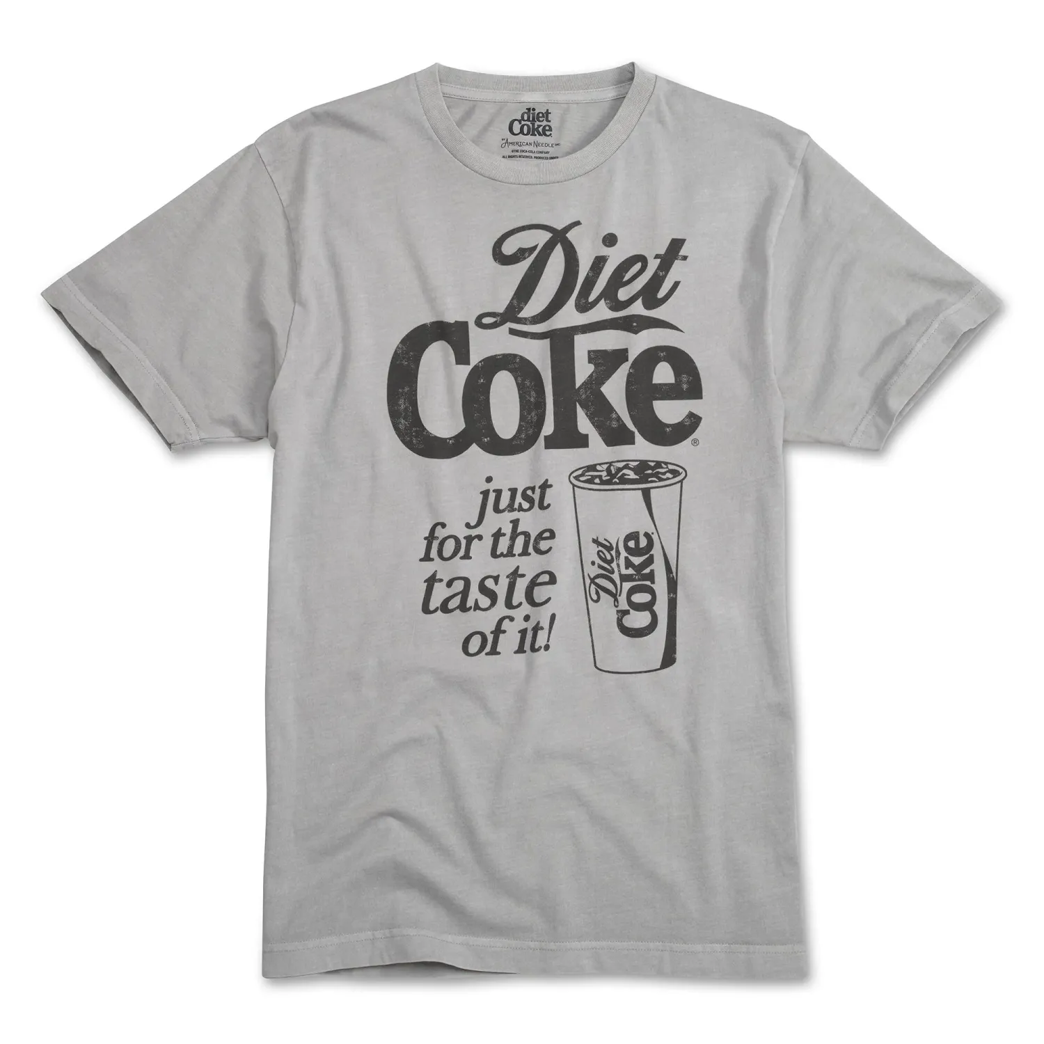 Silver American Needle Diet Coke tee with distressed black logo, vintage slogan and soda cup graphic on the front.