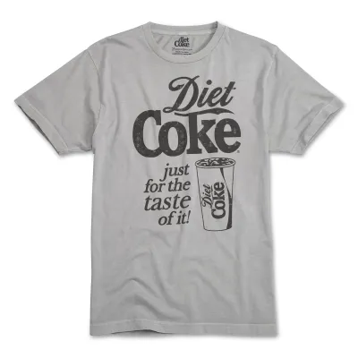 Silver American Needle Diet Coke tee with distressed black logo, vintage slogan and soda cup graphic on the front.