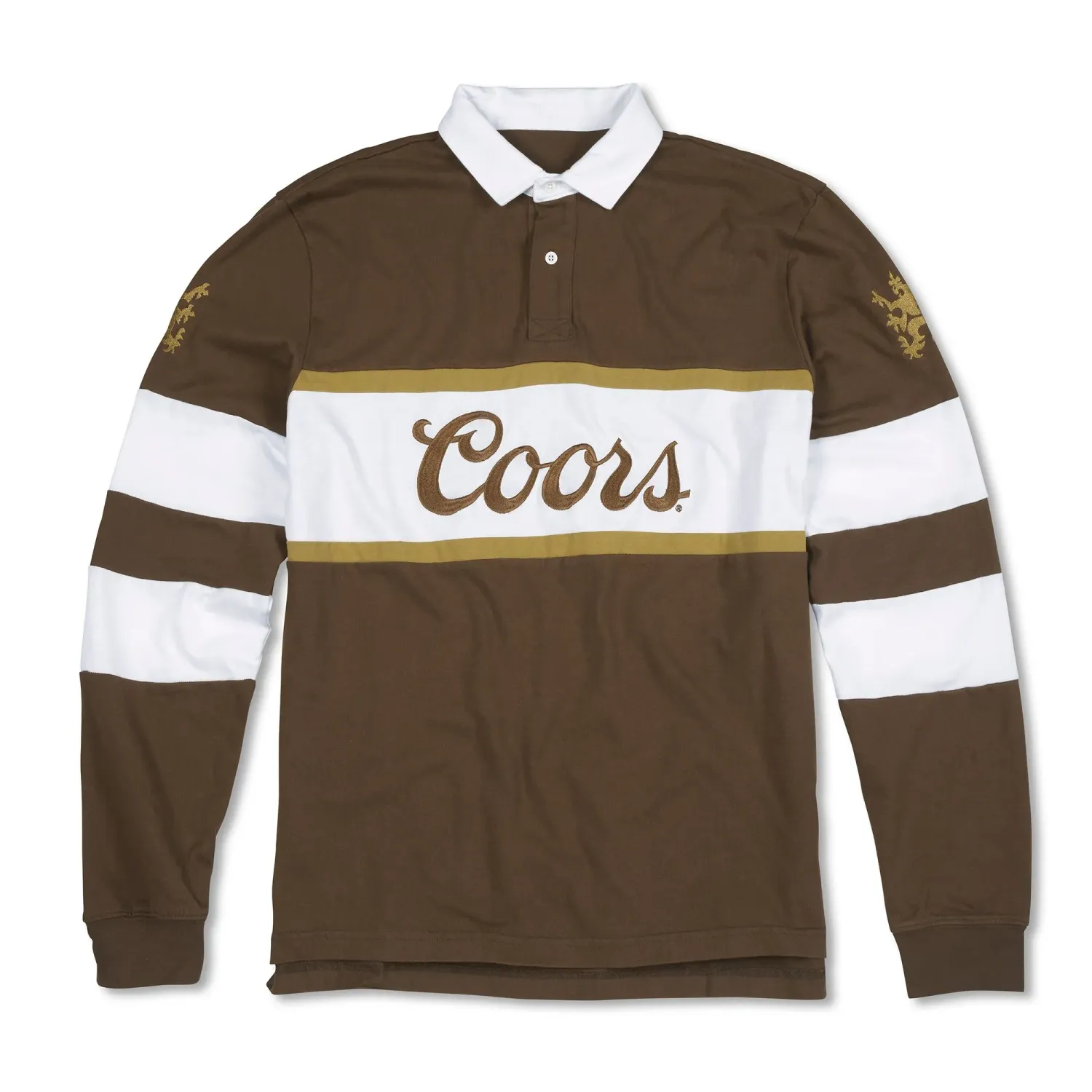 Brown American Needle Coors rugby polo with white collar, striped sleeves and embroidered Coors chest logo.
