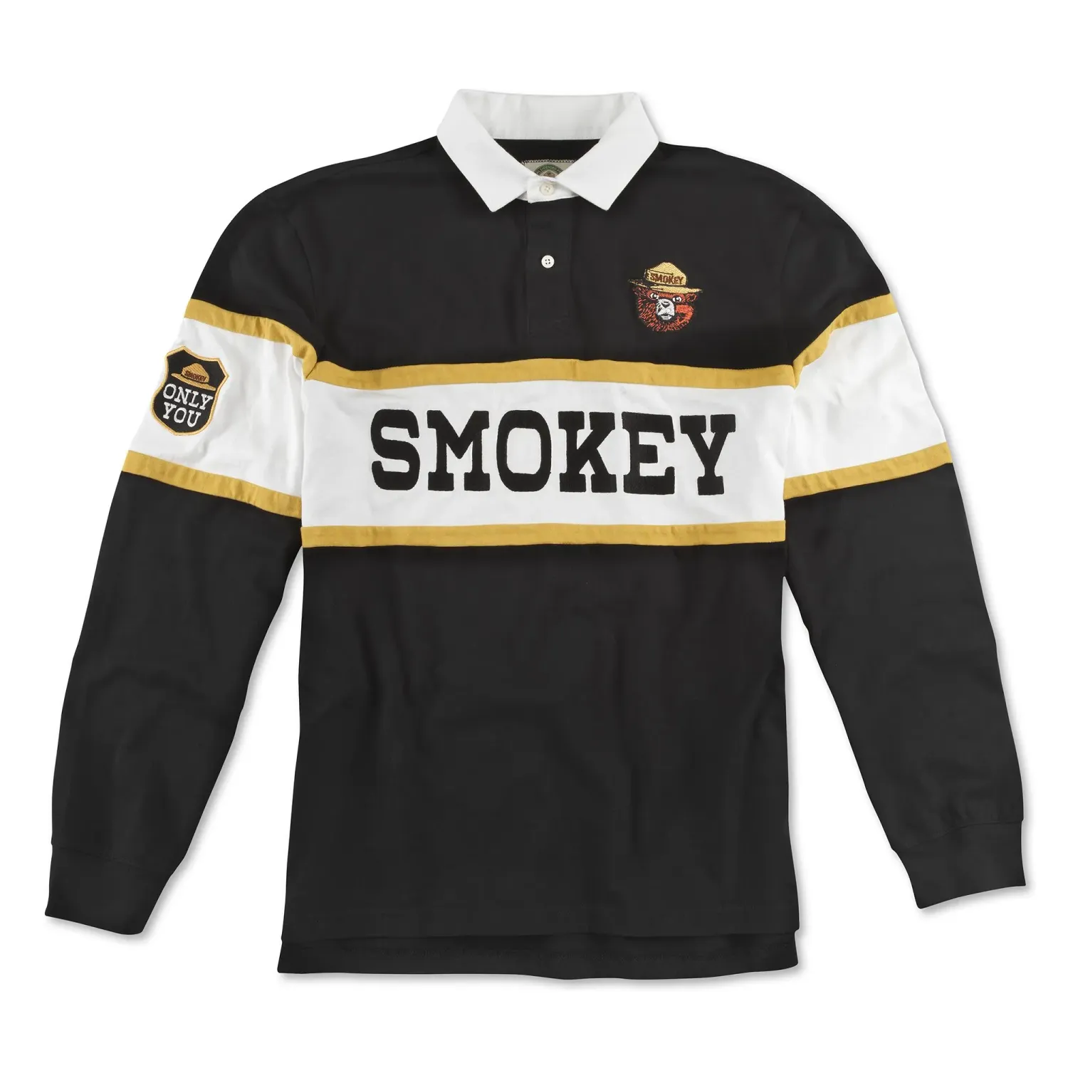 Black Smokey Bear rugby polo with white collar, gold-striped panel, embroidered chest graphic and Only You sleeve patch.