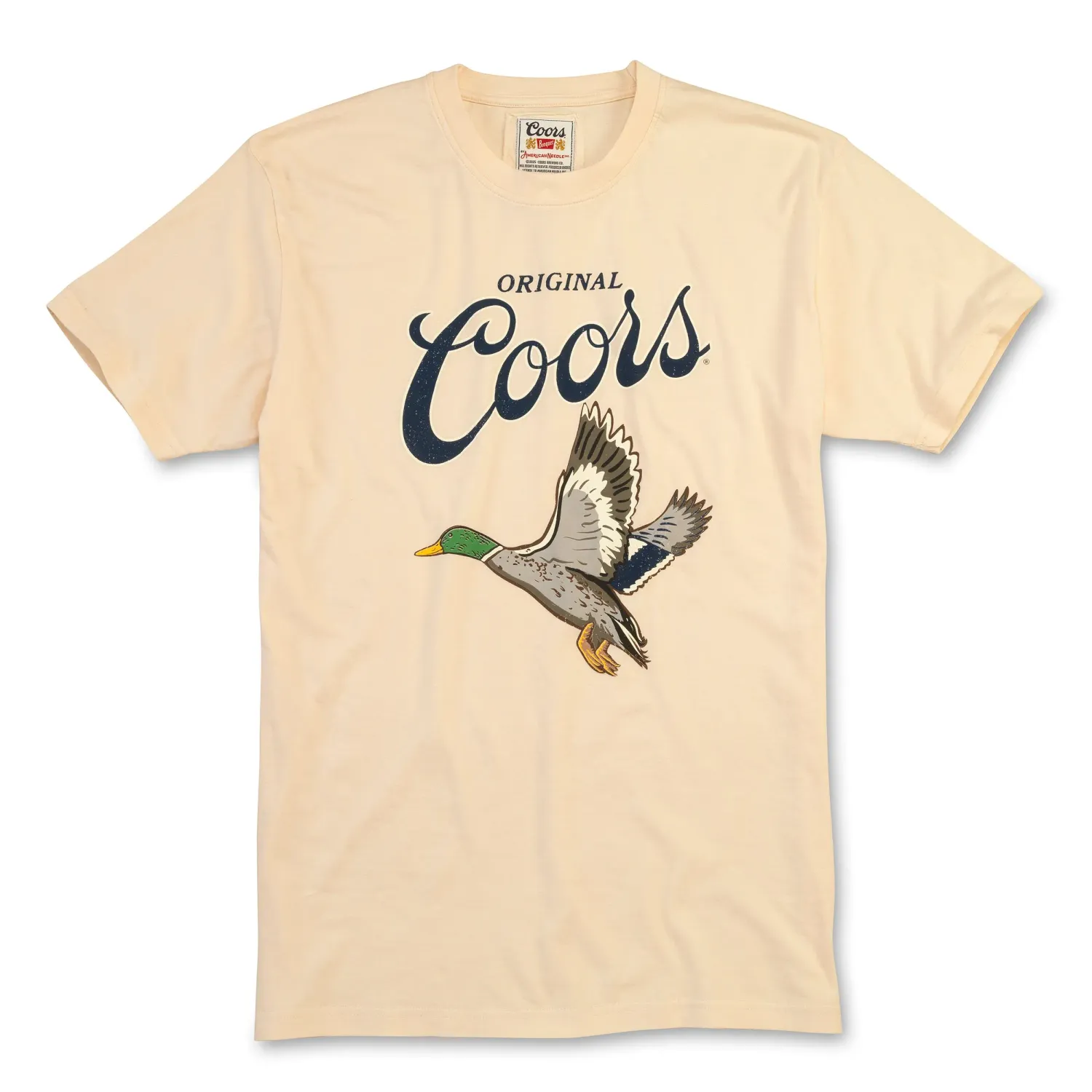 Cream American Needle Coors tee with a distressed Original Coors logo and colorful flying mallard duck graphic.