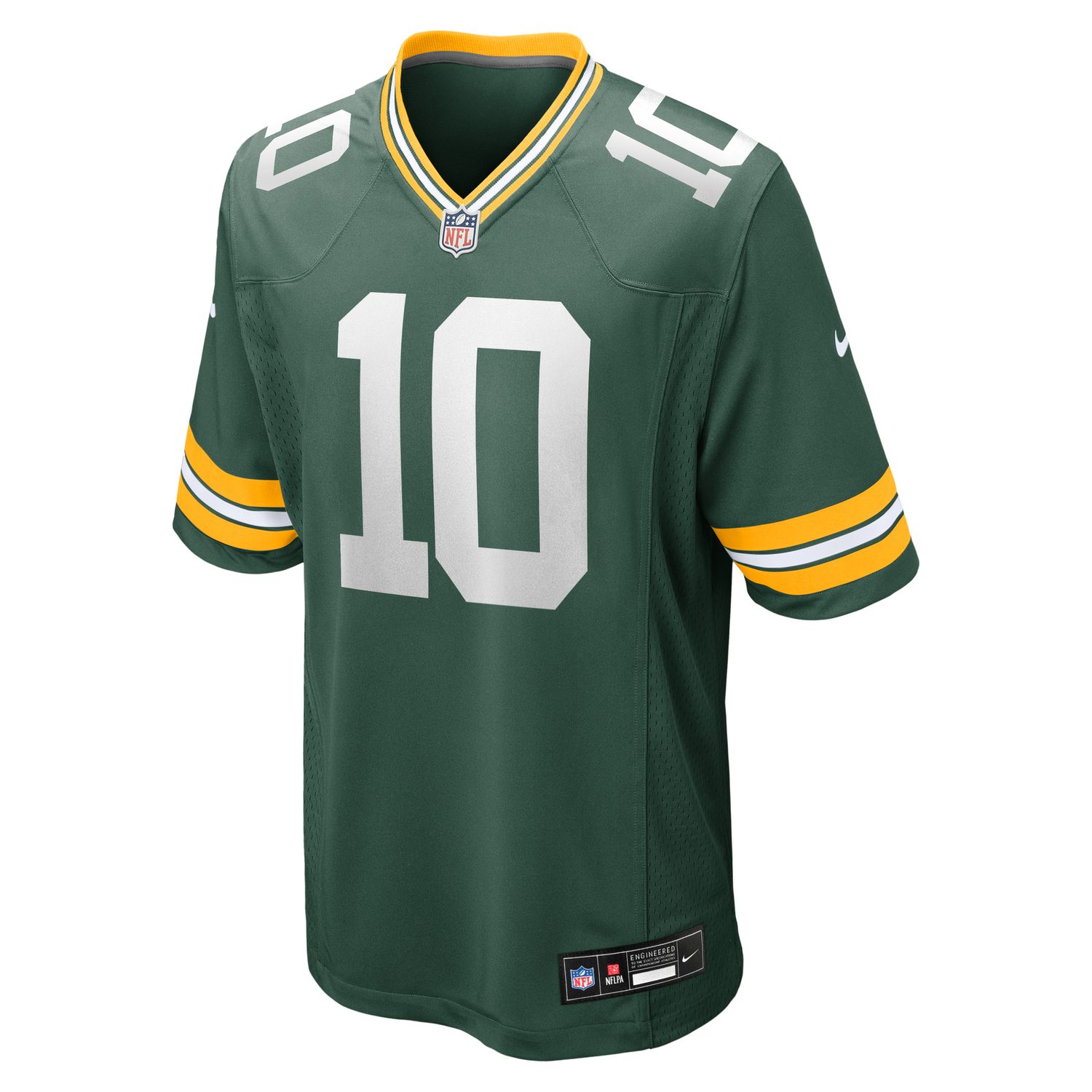Front angled view of the Nike Green Bay Packers Jordan Love #10 home jersey in green.