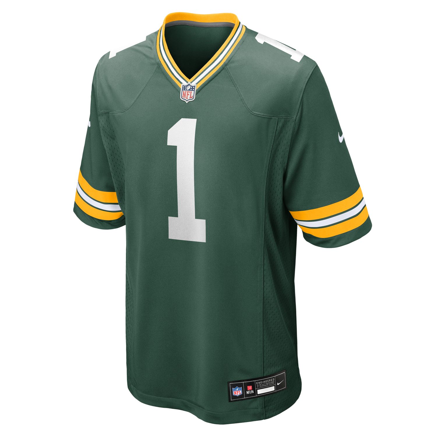 Front angled view of the Nike Green Bay Packers Micah Parsons #1 home jersey in green.