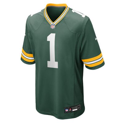 Front angled view of the Nike Green Bay Packers Micah Parsons #1 home jersey in green.