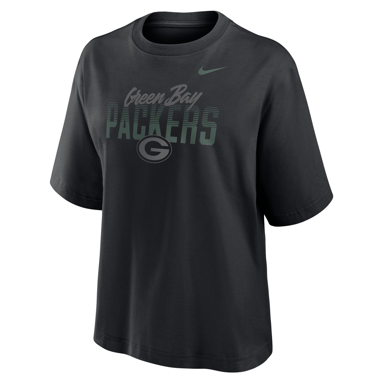 Front view of Nike Green Bay Packers Women's Halftime Boxy Tee in black with tonal Packers and Nike graphics.
