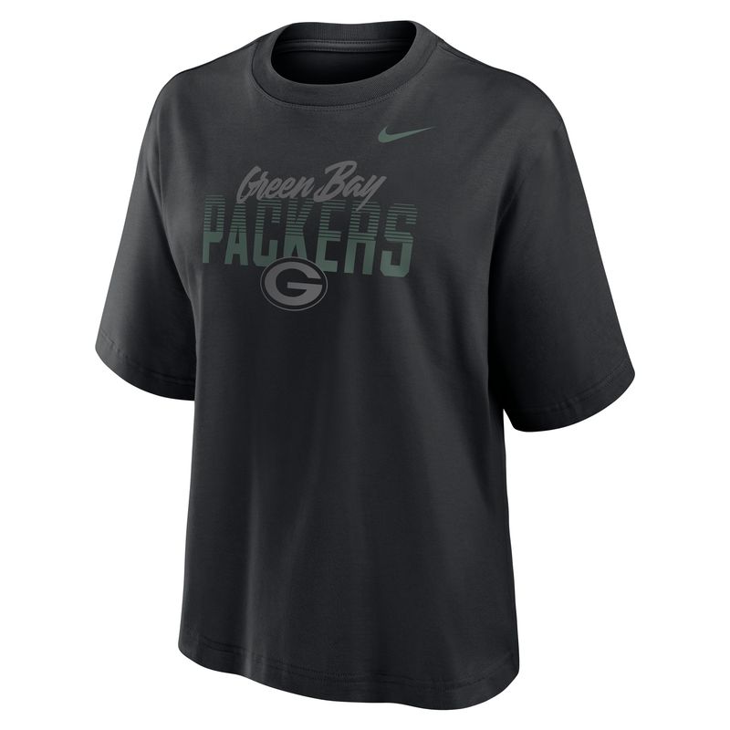 Front view of Nike Green Bay Packers Women's Halftime Boxy Tee in black with tonal Packers and Nike graphics.