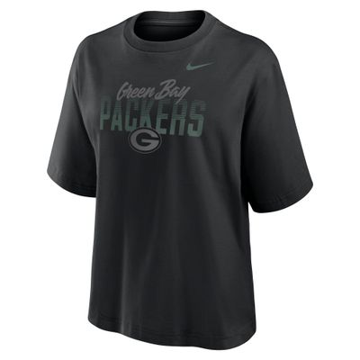 Front view of Nike Green Bay Packers Women's Halftime Boxy Tee in black with tonal Packers and Nike graphics.