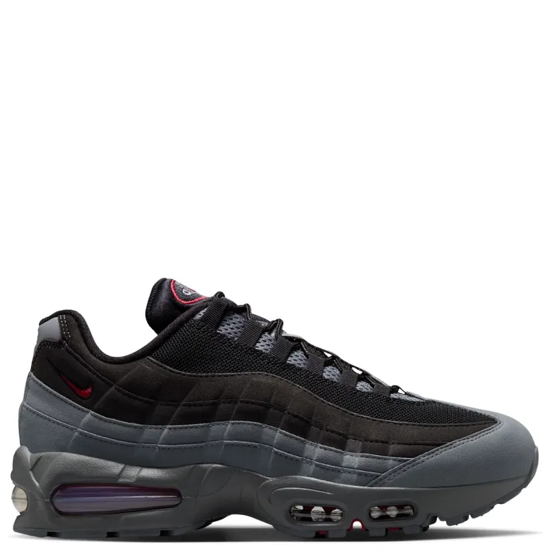Medial view of Nike Air Max 95 Big Bubble OG with gradient grey panels, red mini Swoosh and visible Air cushioning.