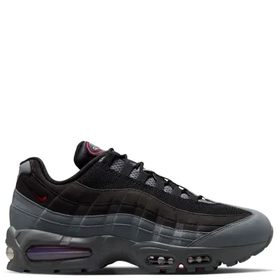 Medial view of Nike Air Max 95 Big Bubble OG with gradient grey panels, red mini Swoosh and visible Air cushioning.