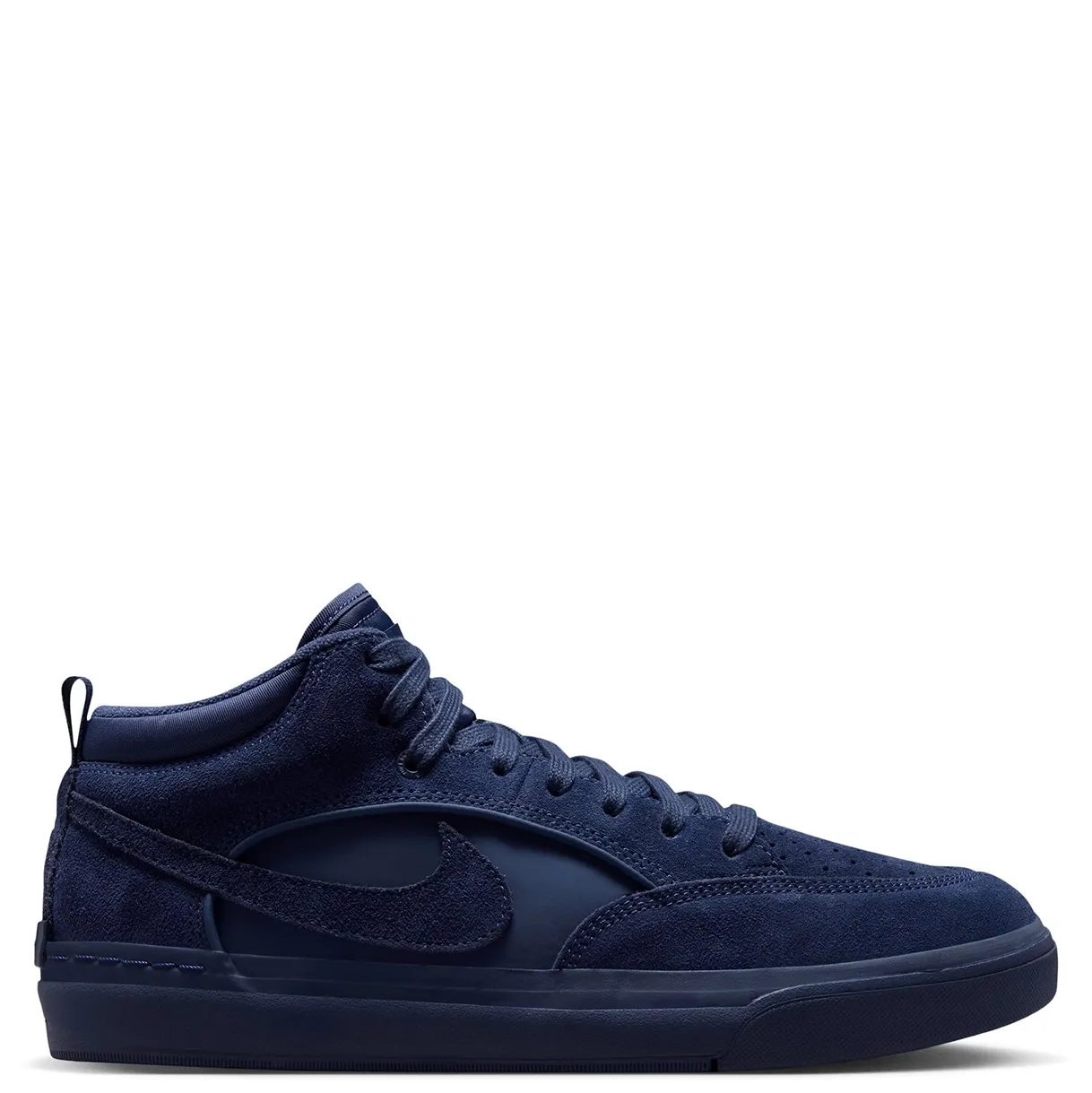 Lateral view of Nike SB React Leo Navy showing suede overlays, satin side panel, tonal Swoosh and rubber sole.