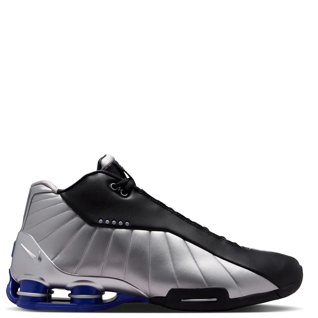 Medial side view of Nike Shox BB4 with metallic silver panels and Lapis Shox columns