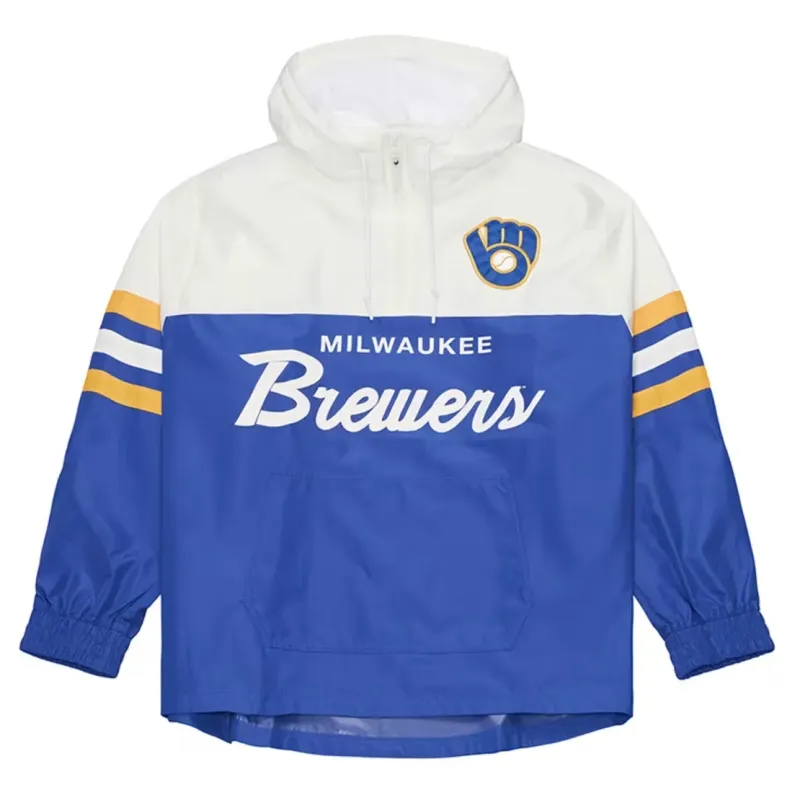 Front view of the Brewers anorak with Royal and White color blocking, team wordmark and ball-in-glove logo.