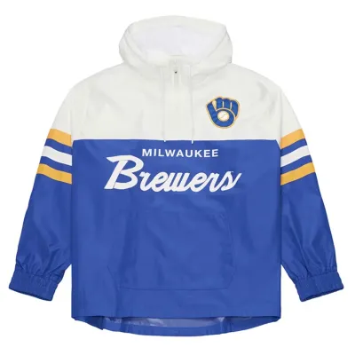 Front view of the Brewers anorak with Royal and White color blocking, team wordmark and ball-in-glove logo.