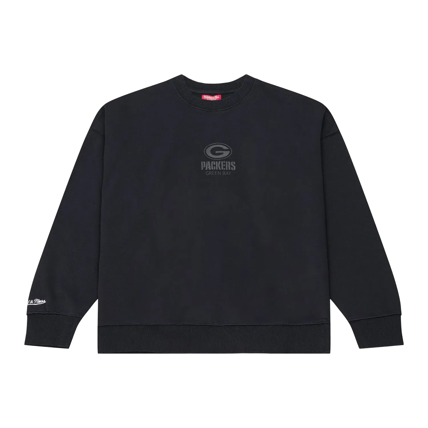 Front view of Mitchell &amp; Ness Packers Women's Core Essential crewneck in black with tonal Green Bay graphics.