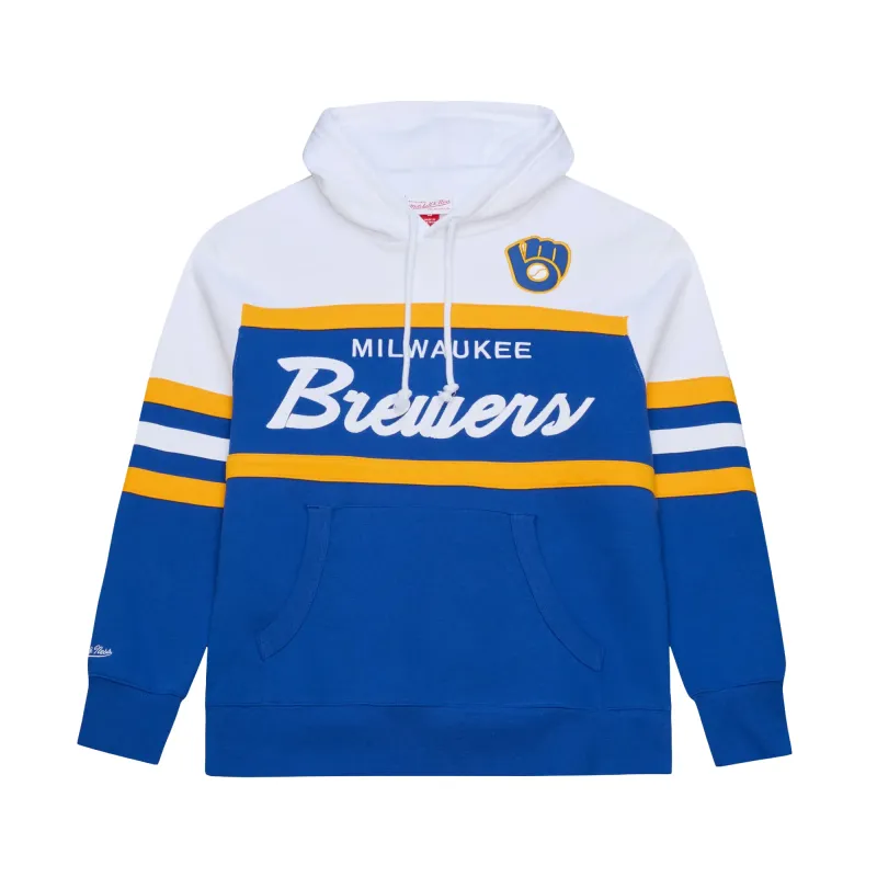 Mitchell &amp; Ness Milwaukee Brewers Team Color Head Coach hoodie in royal blue with embroidered script logo.