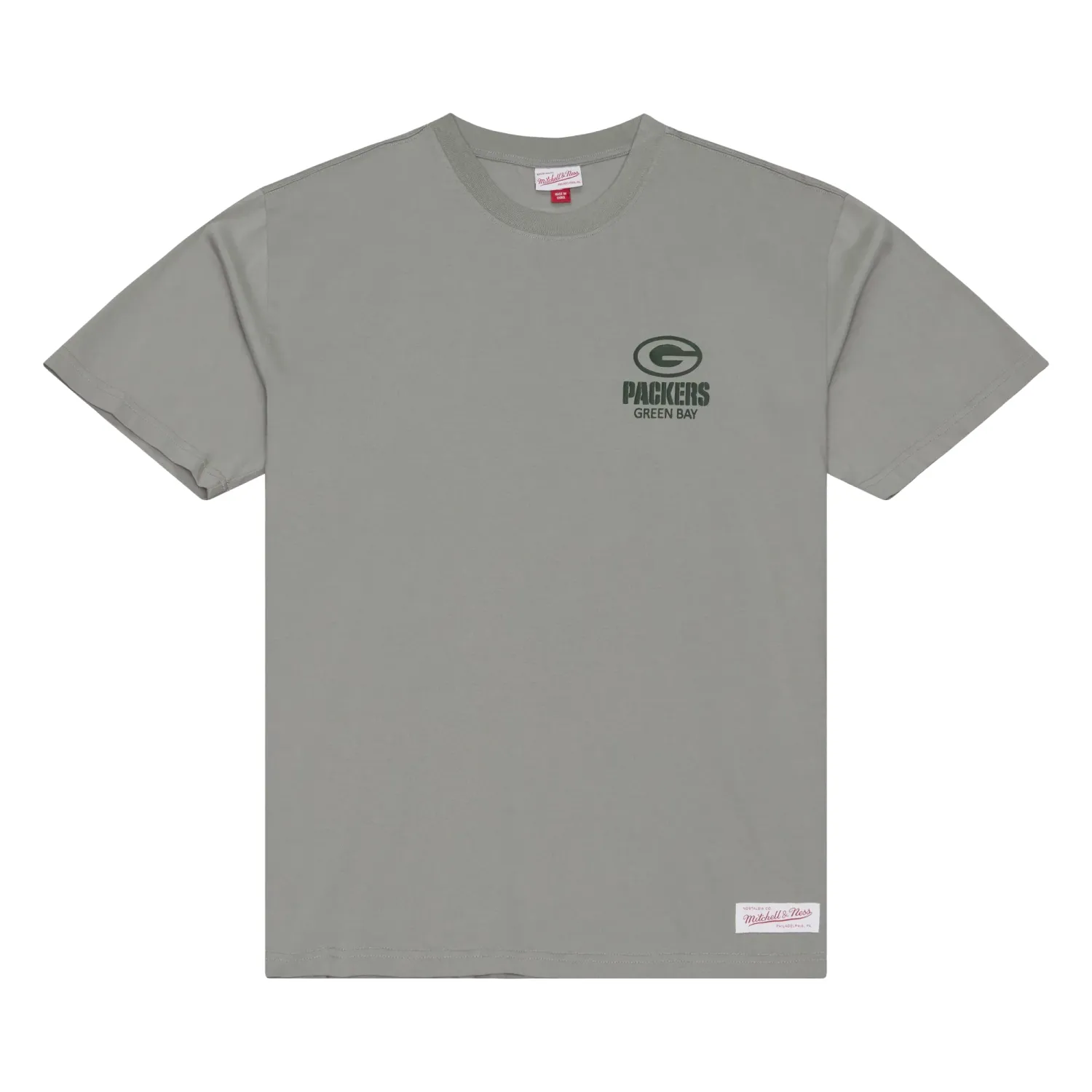 Front view of grey Mitchell &amp; Ness Packers Core Essentials tee with a raised dark green team graphic at the left chest.