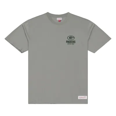 Front view of grey Mitchell &amp; Ness Packers Core Essentials tee with a raised dark green team graphic at the left chest.