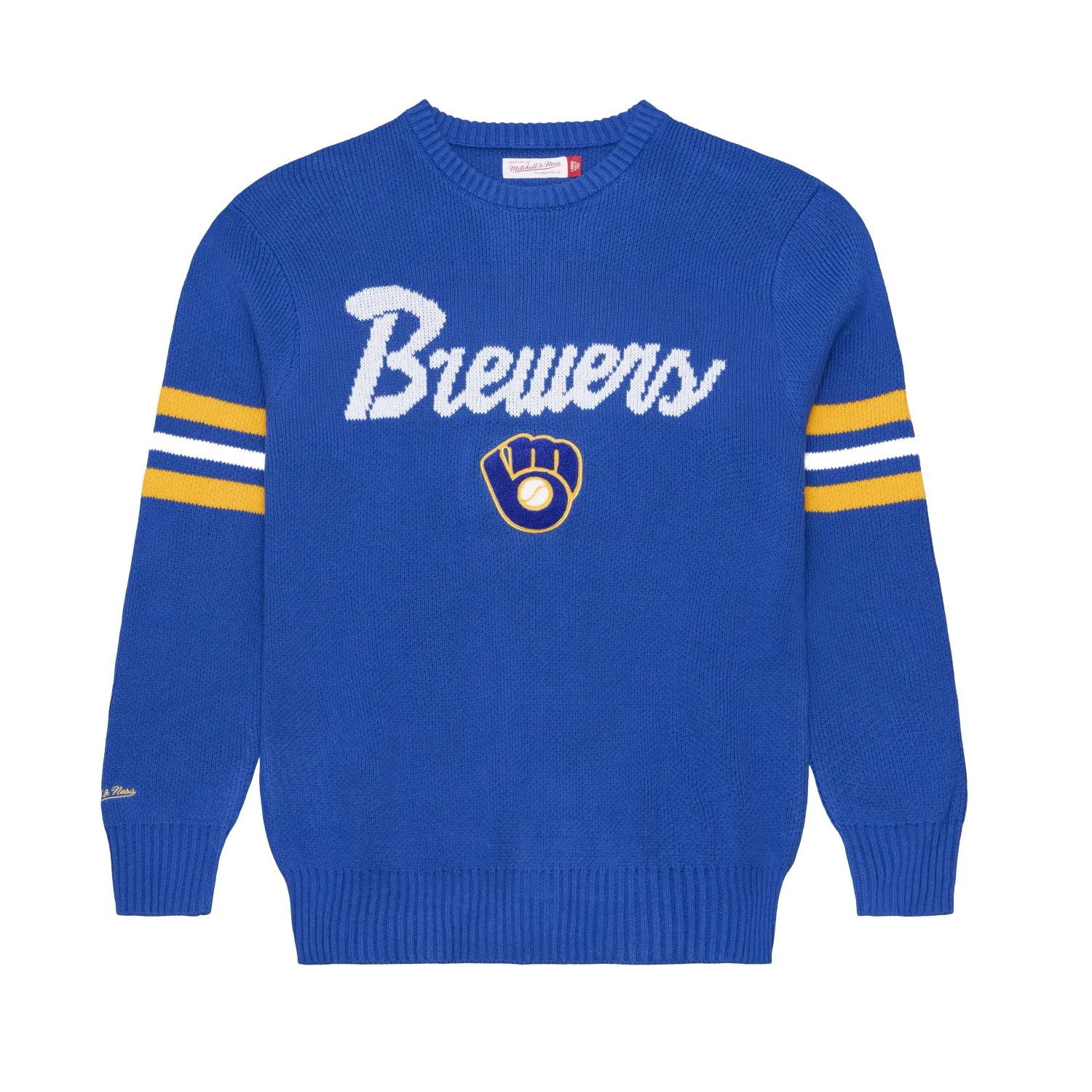 Front view of royal blue Brewers sweater with white knit wordmark, Ball &amp; Glove logo, and striped sleeves