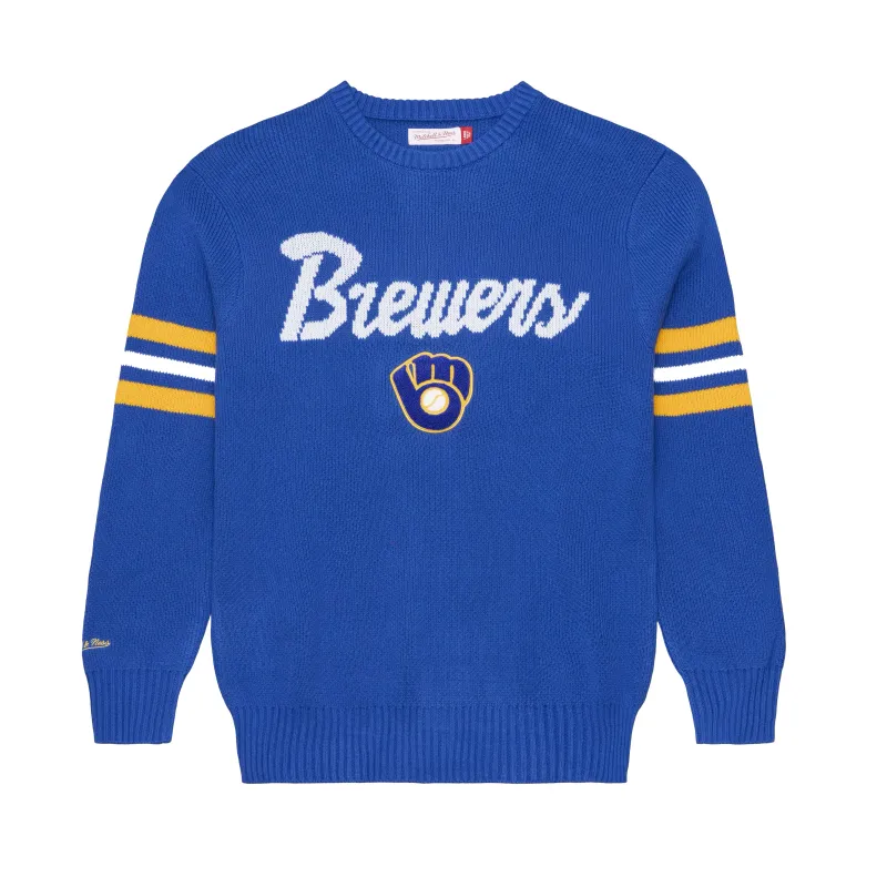 Front view of royal blue Brewers sweater with white knit wordmark, Ball &amp; Glove logo, and striped sleeves