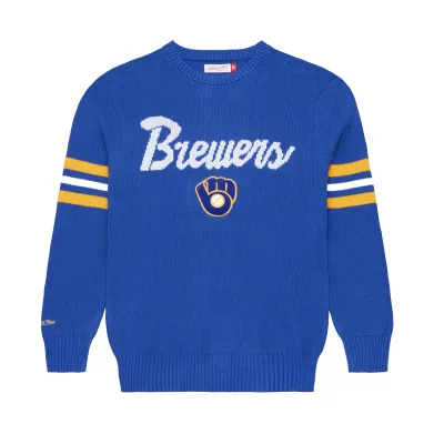Front view of royal blue Brewers sweater with white knit wordmark, Ball &amp; Glove logo, and striped sleeves