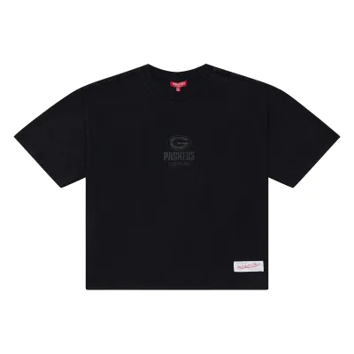Front view of Mitchell &amp; Ness Packers Women's black crop boxy tee with tonal chest graphics and woven hem tag.