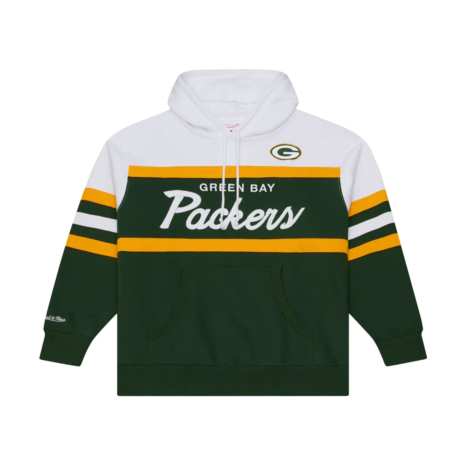 Front view of Mitchell &amp; Ness Packers Head Coach Hoodie in green, white and gold with embroidered team graphics.