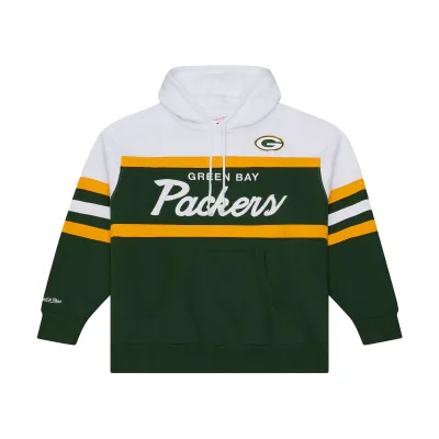 Front view of Mitchell &amp; Ness Packers Head Coach Hoodie in green, white and gold with embroidered team graphics.