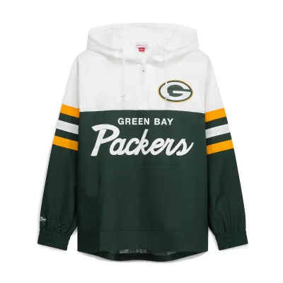 Front view of Mitchell &amp; Ness Green Bay Packers green and white anorak windbreaker with striped sleeves and team graphics.