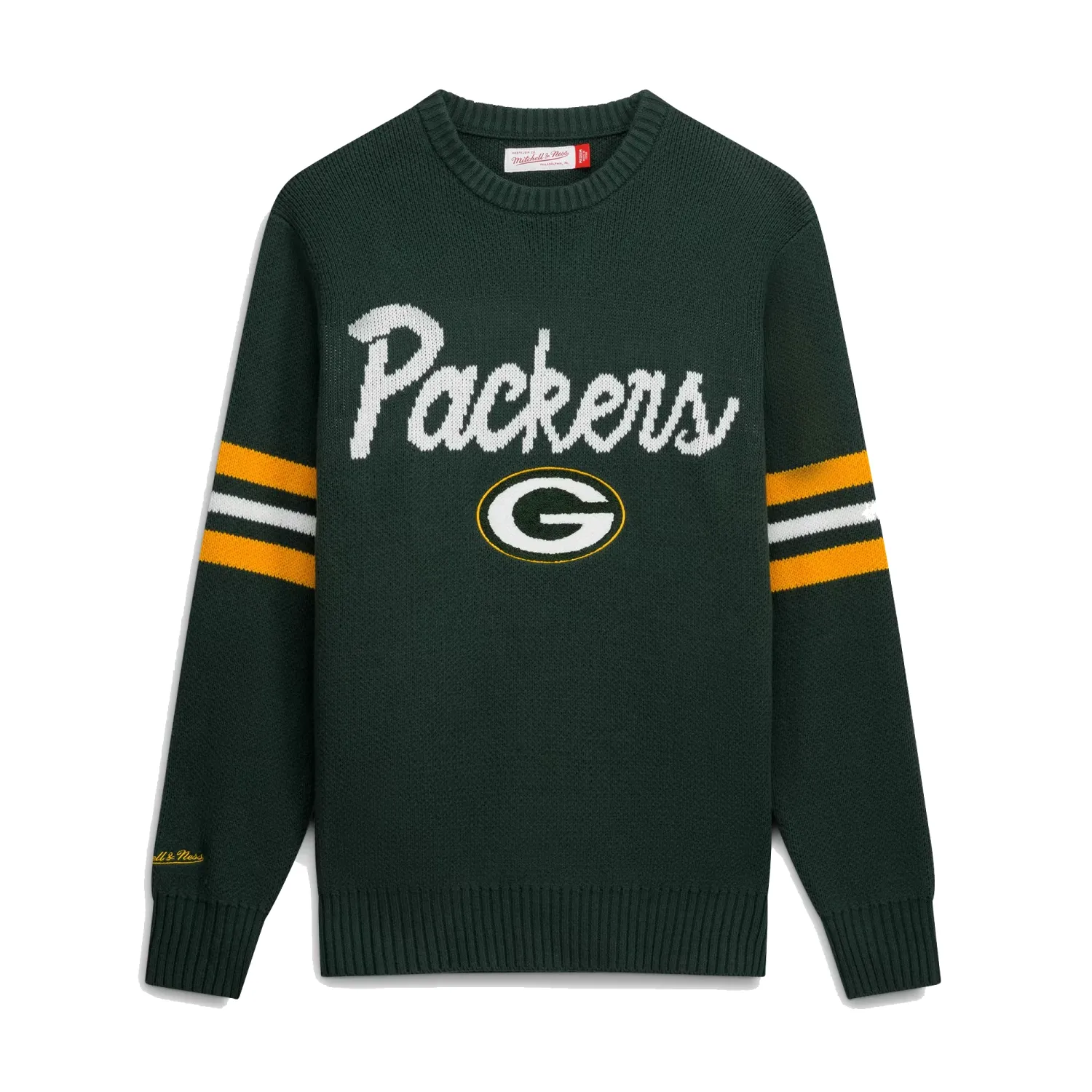 Front view of Mitchell &amp; Ness Green Bay Packers Head Coach Sweater in green with Packers graphics and striped sleeves.