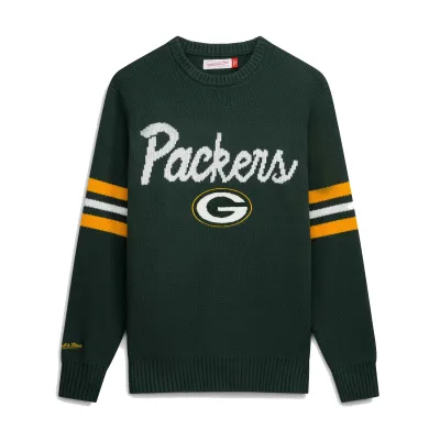 Front view of Mitchell &amp; Ness Green Bay Packers Head Coach Sweater in green with Packers graphics and striped sleeves.